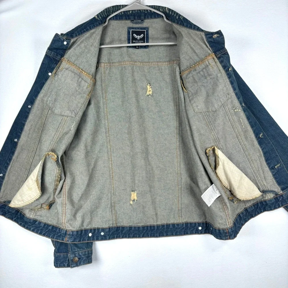 Distressed Denim Jean Jacket Mens XL Medium Wash Collar Button Front - Picture 4 of 7